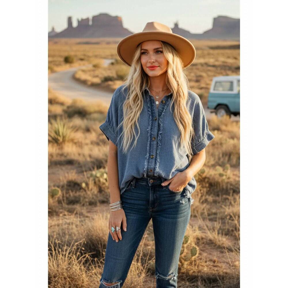 NEW SEWN AND SEEN frayed trim button top in denim